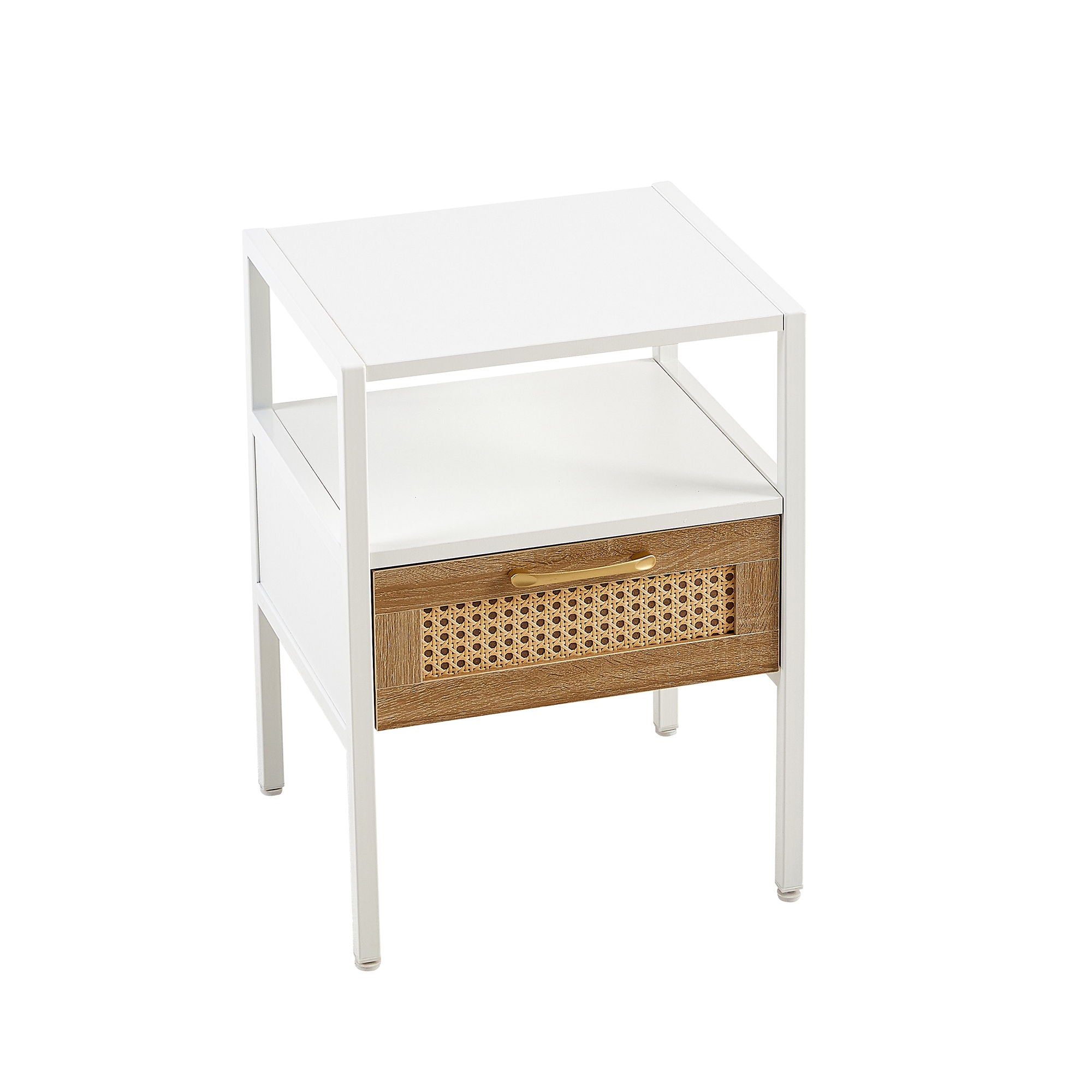 Rattan End Table With Drawer, Modern Nightstand, Metal Legs, Side Table For Living Room, Bedroom - White