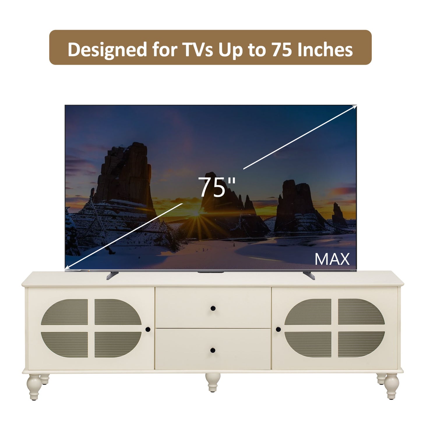 Modern TV Stand For TVs Up To 75", Entertainment Center Media Console With Fluted Glass Doors, 5 Solid Wood Legs For Living Room - Antique White