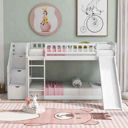 Twin Over Twin Stairway Bunk Bed & Two Drawers And Slide - White