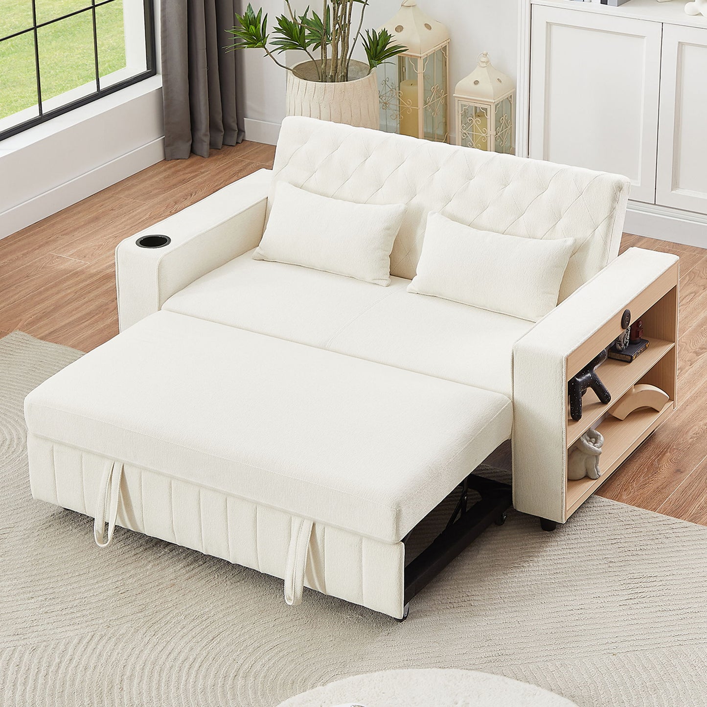 Pull Out Sofa Bed Convertible Couch Loveseat Sofa Modern Sleeper Sofa With Adjustable Backrest For Living Room - Beige