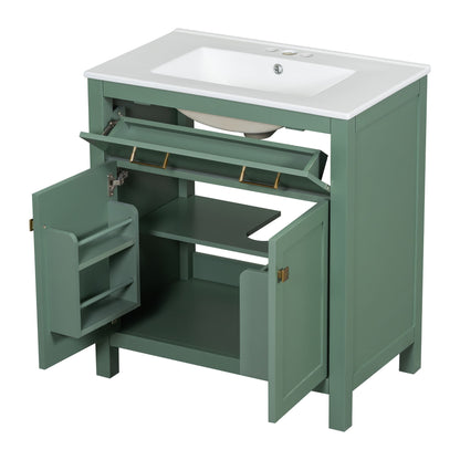 Bathroom Vanity With Ceramic Sink, Modern Single Bathroom Cabinet With 2 Doors And A Shelf, Soft Close Doors - Green