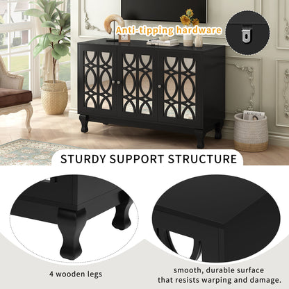 Modern Mirrored TV Stand For TV Up To 55", Entertainment Center Solid Wood Legs, Metal Handle And 3 Adjustable Shelves For Living Room - Black