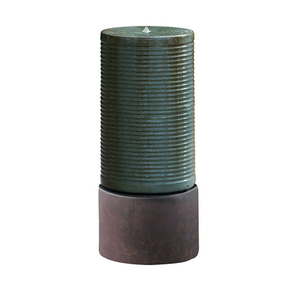 Tall Large Modern Cylinder Ribbed Tower Water Fountain With Rustic Base, Contemporary Antique Green Copper Outdoor Bird Feeder / Bath Cement Fountain - Antique Green