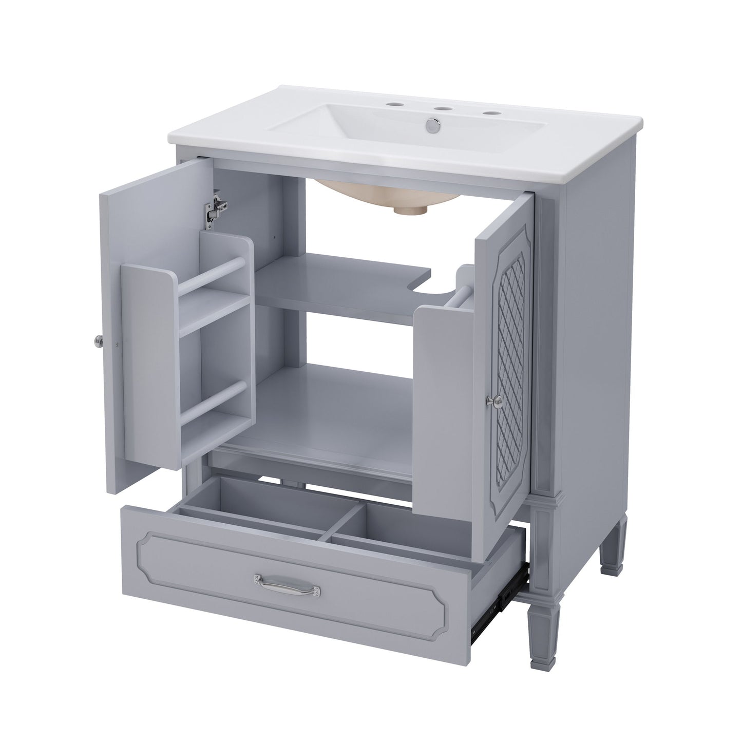 Vintage Style 30" Bathroom Vanity With Sink, Multi Functional Storage, Soft Closing Door - Gray