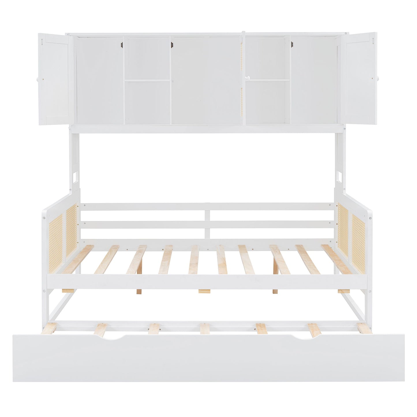 Full Size Wooden Daybed & Twin Size Trundle, And All In One Cabinet And Shelf - White