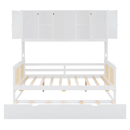 Full Size Wooden Daybed & Twin Size Trundle, And All In One Cabinet And Shelf - White