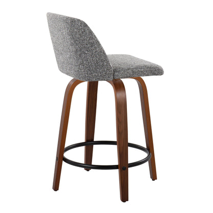 Toriano - Mid-Century Modern Fixed Height Counter Stool With Swivel And Round Footrest (Set of 2) - Walnut / Gray