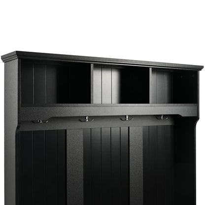 5 In 1 Entryway Bench With Shutter - Shaped Doors, Coat Rack, Cushion And 4 Sturdy Hooks, Wide Hall Tree With Storage Bench For Hallway, Entryway, Living Room - Black