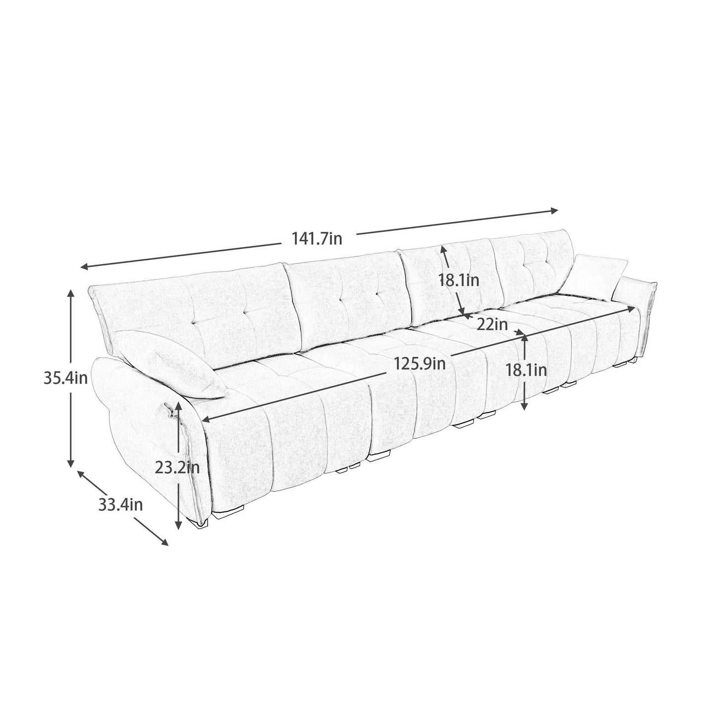Modern 4 Seater Sofa Frame, Premium, High Resilience Cushions - White