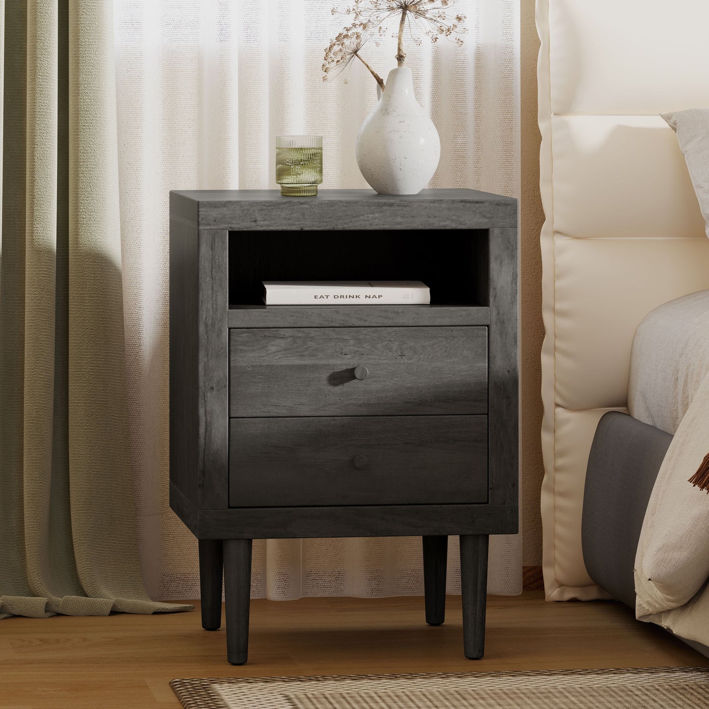 Nystrom - Mid Century Modern 2 Drawer Nightstand - Gray