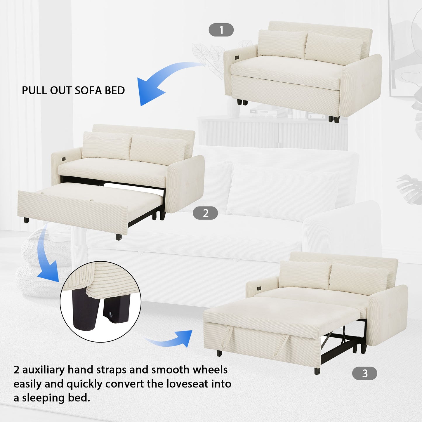 Pull Out Sofa Bed Convertible Couch 2 Seat Loveseat Sofa Modern Sleeper Sofa With 2 Throw Pillows And USB Ports For Living Room - Beige