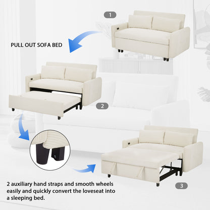 Pull Out Sofa Bed Convertible Couch 2 Seat Loveseat Sofa Modern Sleeper Sofa With 2 Throw Pillows And USB Ports For Living Room - Beige