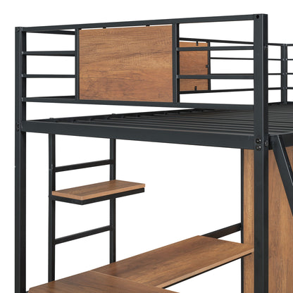 Twin Size Loft Bed With L Shape Desk And Wardrobe - Black