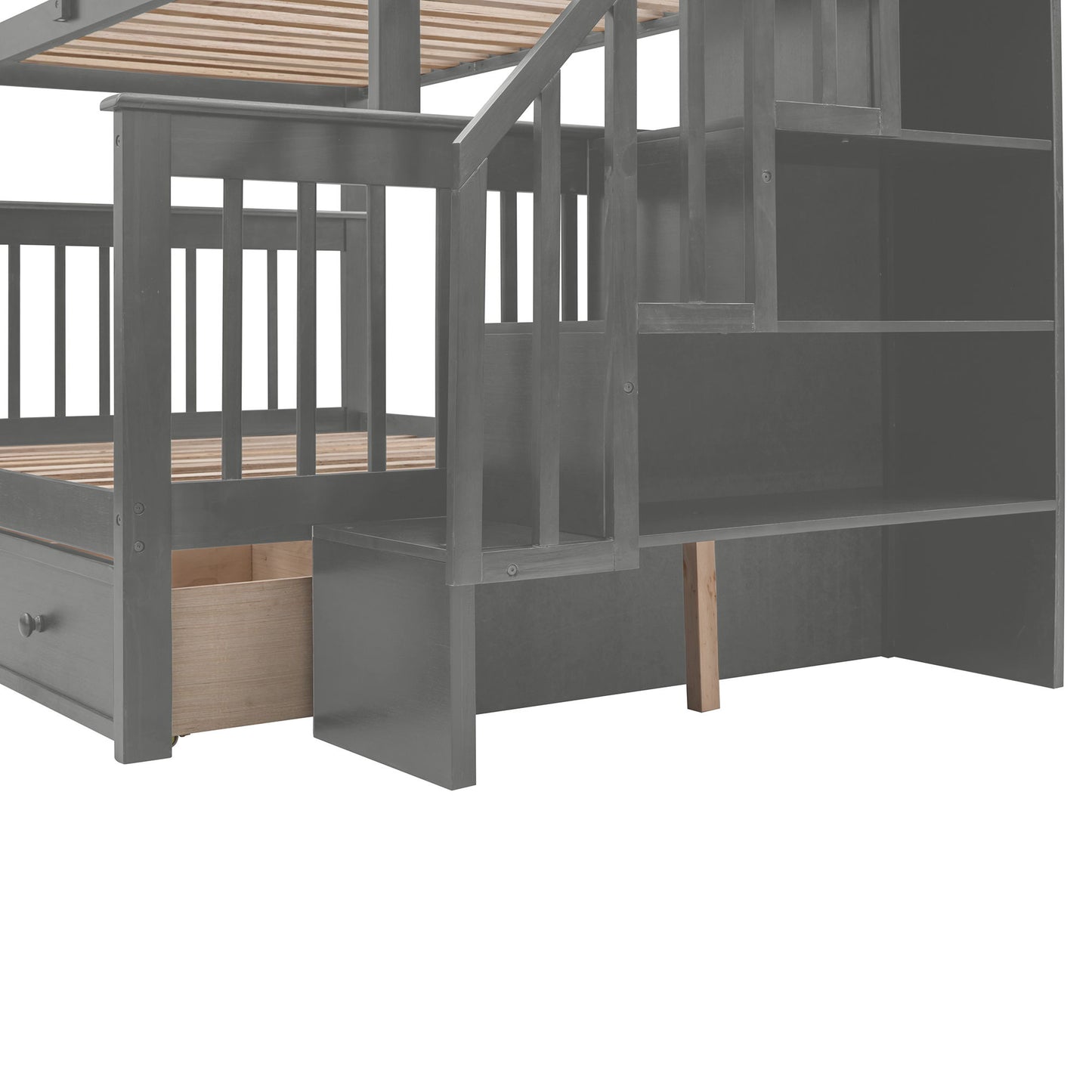 Twin Over Full Stairway Bunk Bed With Drawer, Storage And Guard Rail For Bedroom - Gray