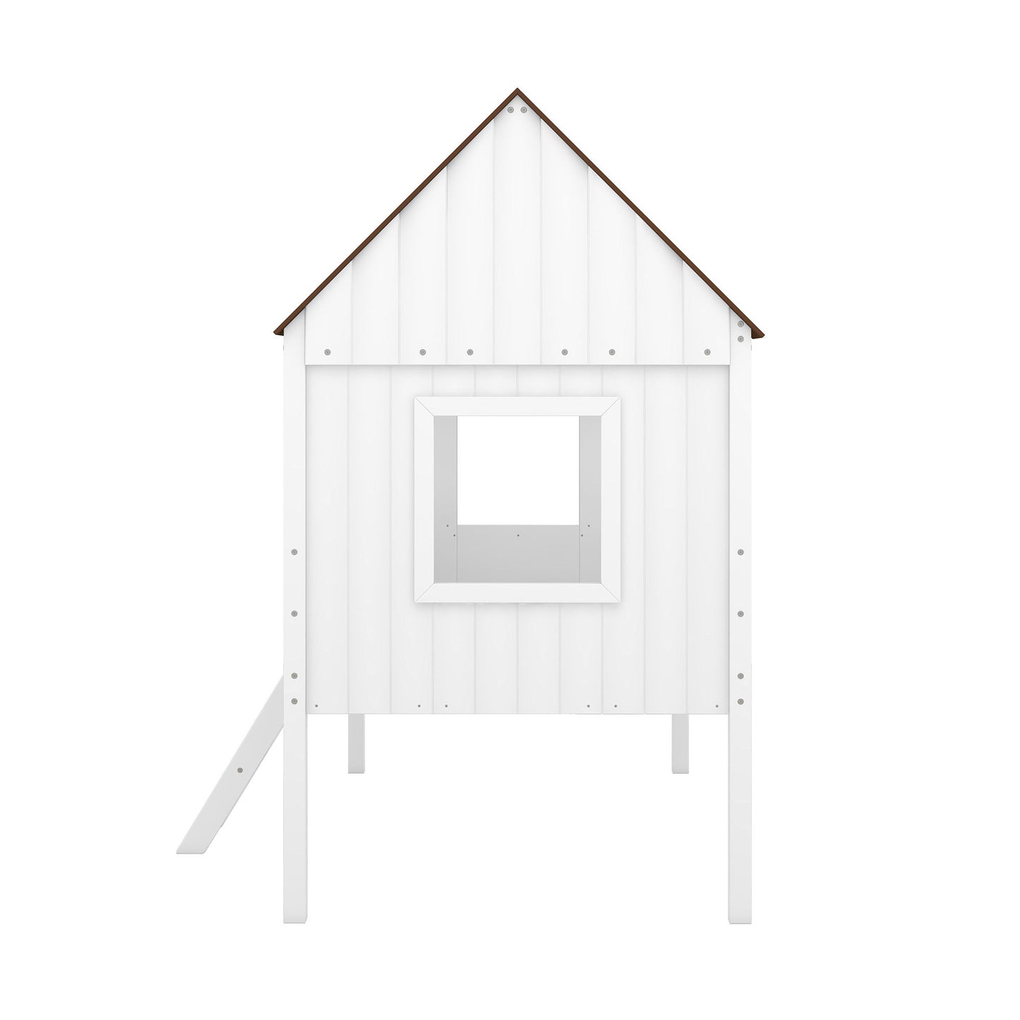 Twin Size Low Loft House Bed With Two Side Windows - White / Brown