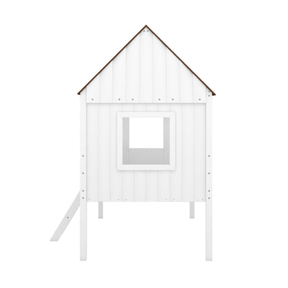 Twin Size Low Loft House Bed With Two Side Windows - White / Brown
