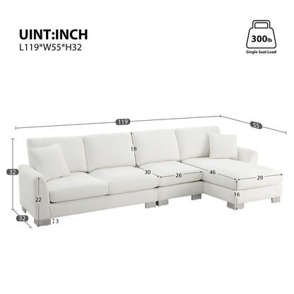 Modern Oversized Sectional Sofa, L-Shaped Luxury Couch Set With 2 Free Pillows, 5 Seat Chenille Indoor Furniture With Chaise - White