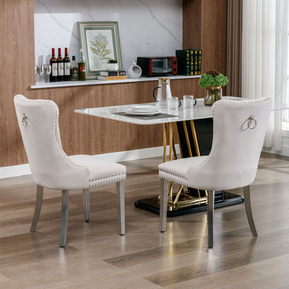 Nikki - Modern, High-End Tufted Solid Wood Contemporary Velvet Upholstered Dining Chair With Chrome Stainless Steel Plating Legs, Nailhead Trim (Set of 2) - Beige
