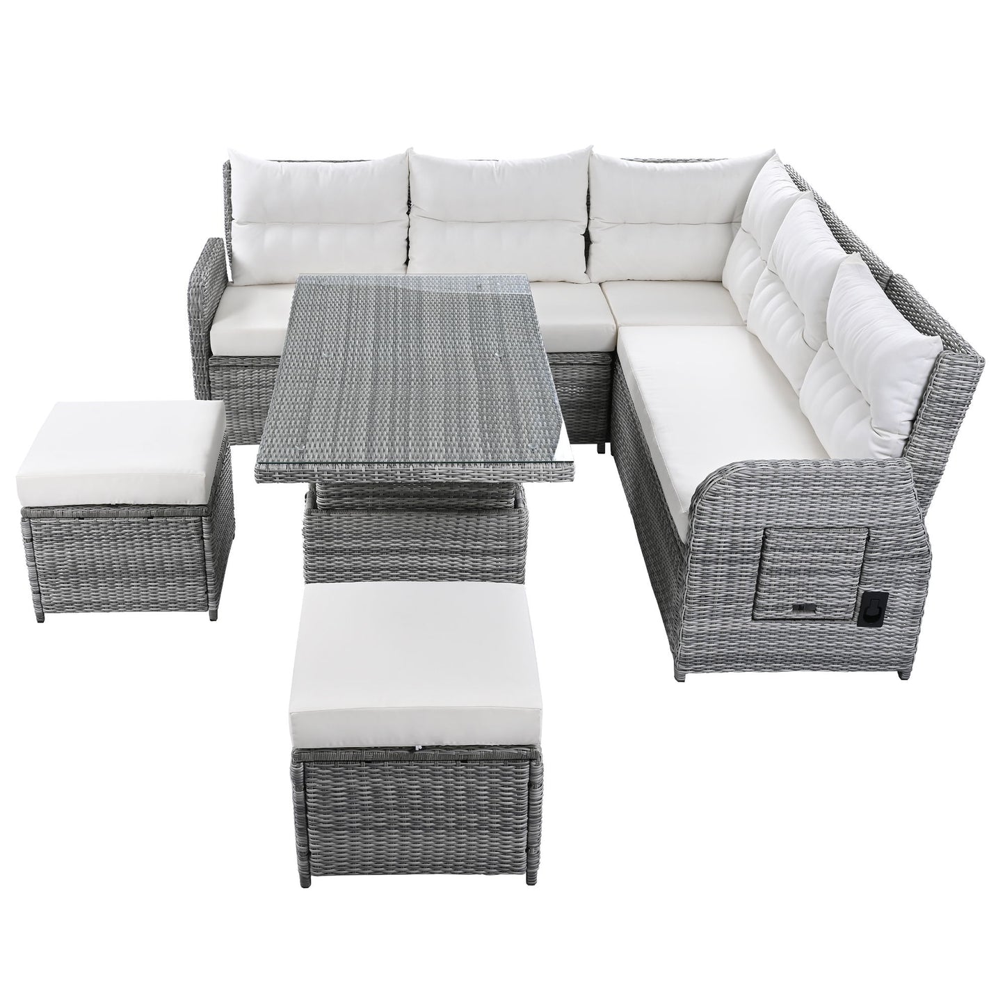 Outdoor Furniture Set Patio Rattan Furniture Set With An Adjustable Table, Recliners With Extendable Side Tables, And 2 Ottomans For Patio, Lawn, Backyard, Pool - Beige