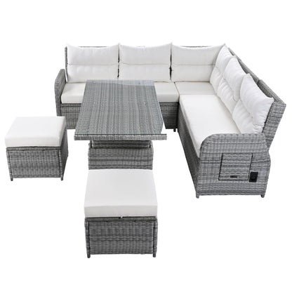 Outdoor Furniture Set Patio Rattan Furniture Set With An Adjustable Table, Recliners With Extendable Side Tables, And 2 Ottomans For Patio, Lawn, Backyard, Pool - Beige