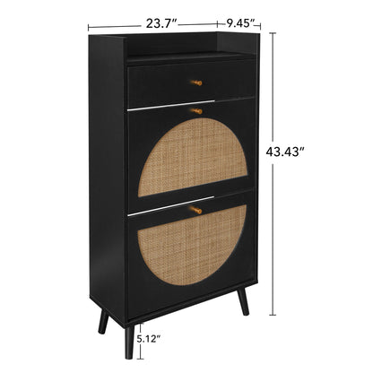 Allen - Rattan 2 Door 1 Drawer Cabinet Shoe Rack For Entrance, Double Layer - Black