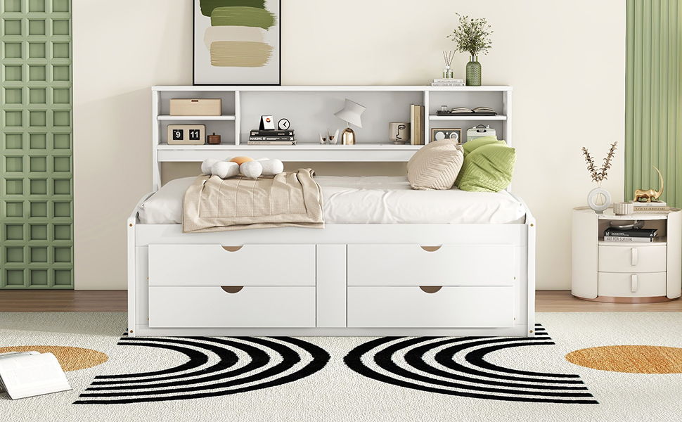 Full Size Daybed With 2 Bedside Cabinets, Upper Shelves And 4 Drawers - White