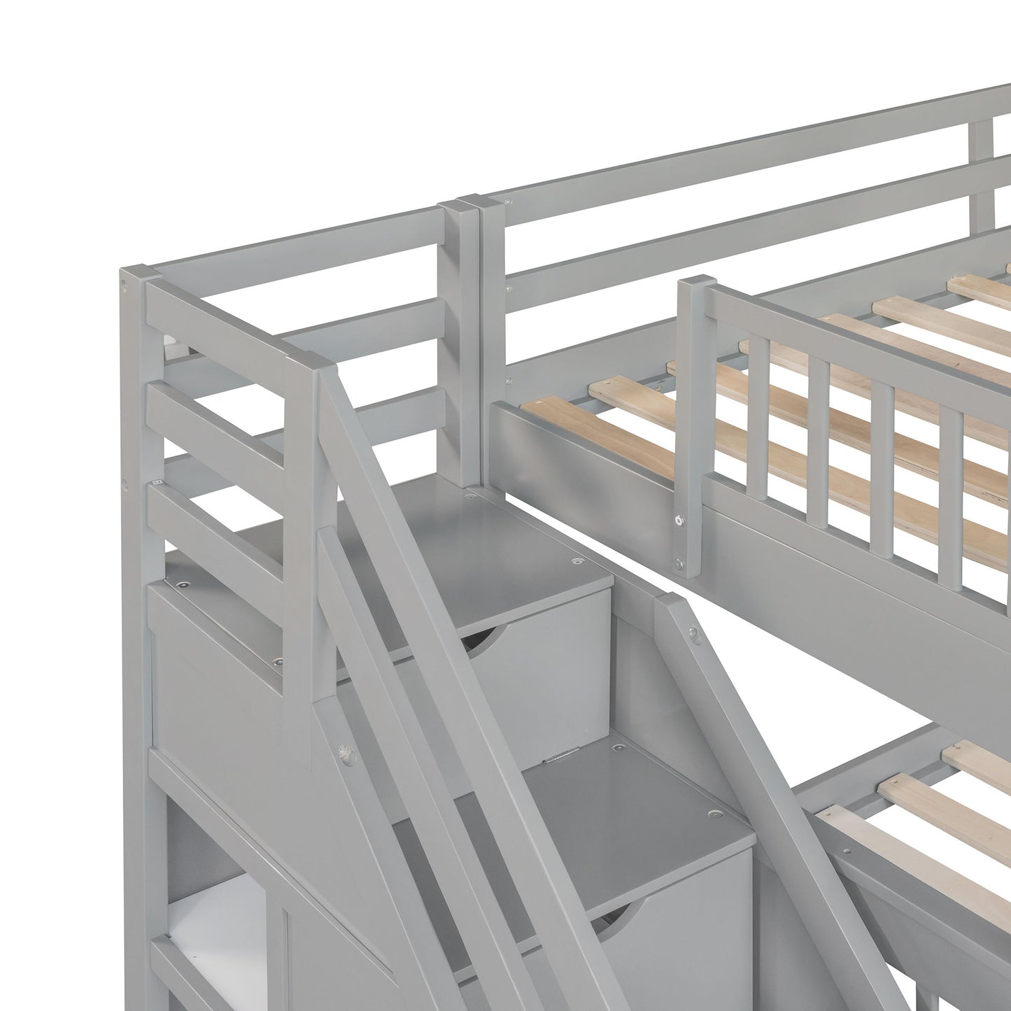 Twin Over Full L Shaped Bunk Bed & 3 Drawers, Ladder And Staircase - Gray