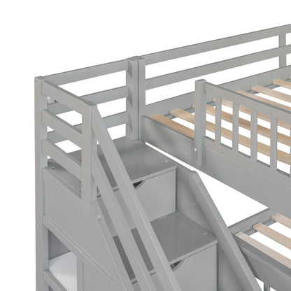 Twin Over Full L Shaped Bunk Bed & 3 Drawers, Ladder And Staircase - Gray