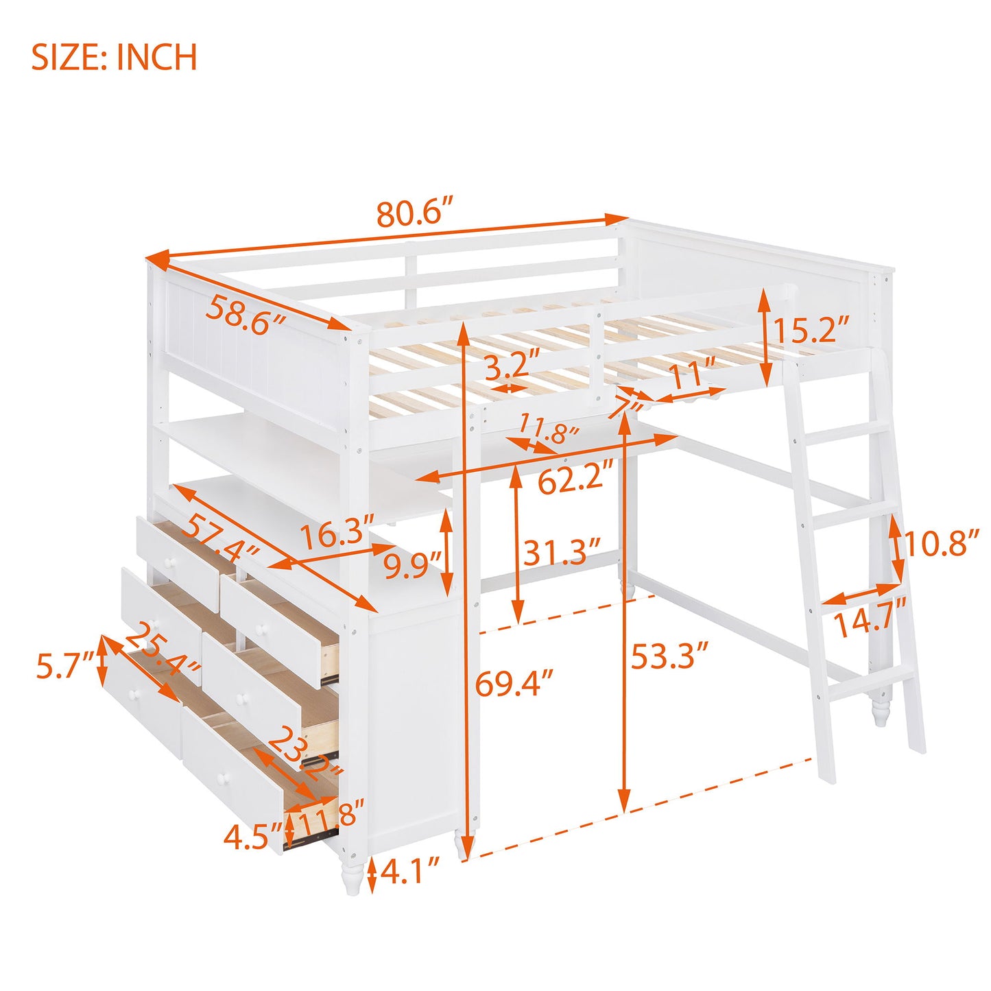 Full Size Loft Bed With Drawers And Desk With Shelves - White
