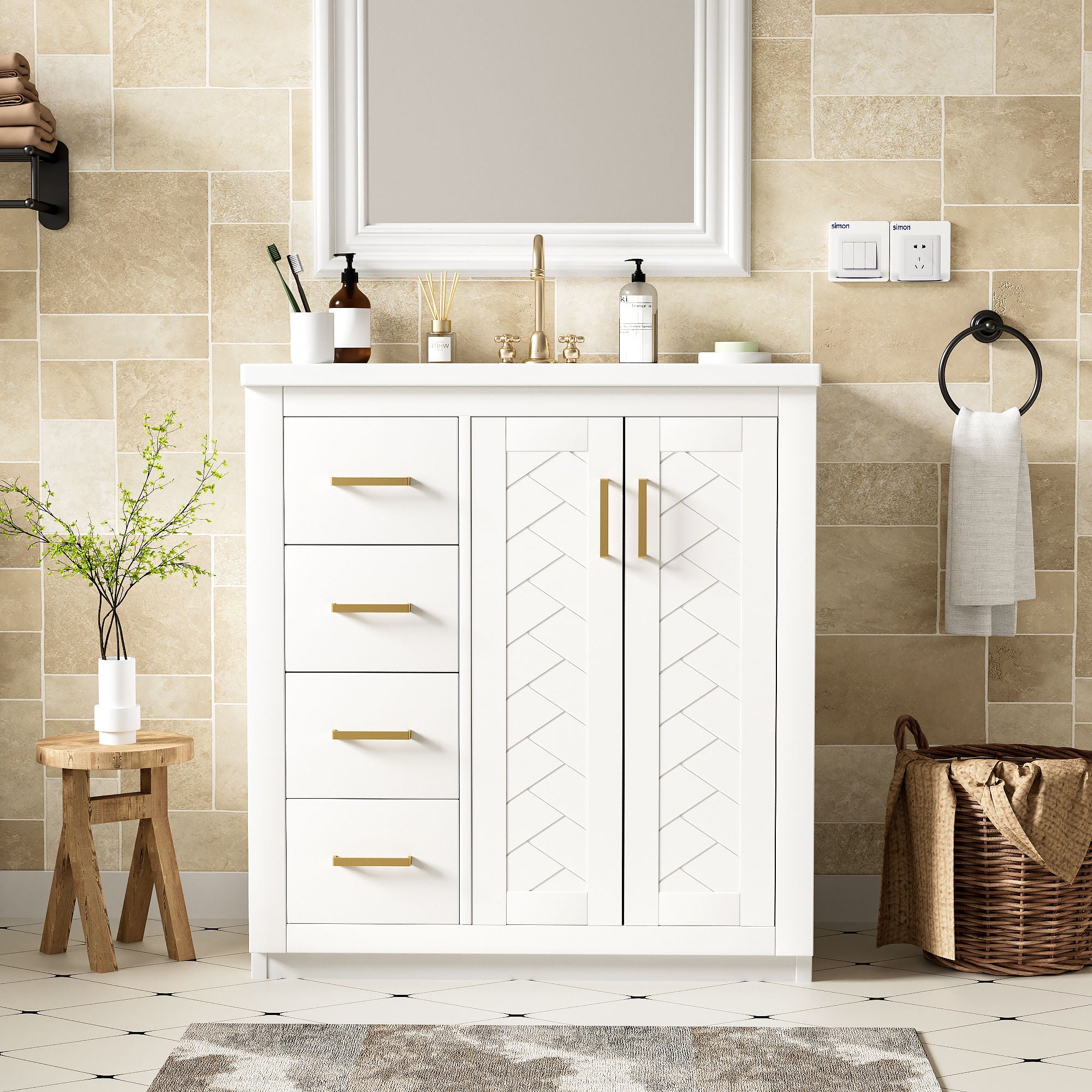 Bathroom Vanity With Ceramic Sink Combo, Frame Bathroom Storage Cabinet, Freestanding Vanity Set With 3 Drawers & Soft Closing Doors - White