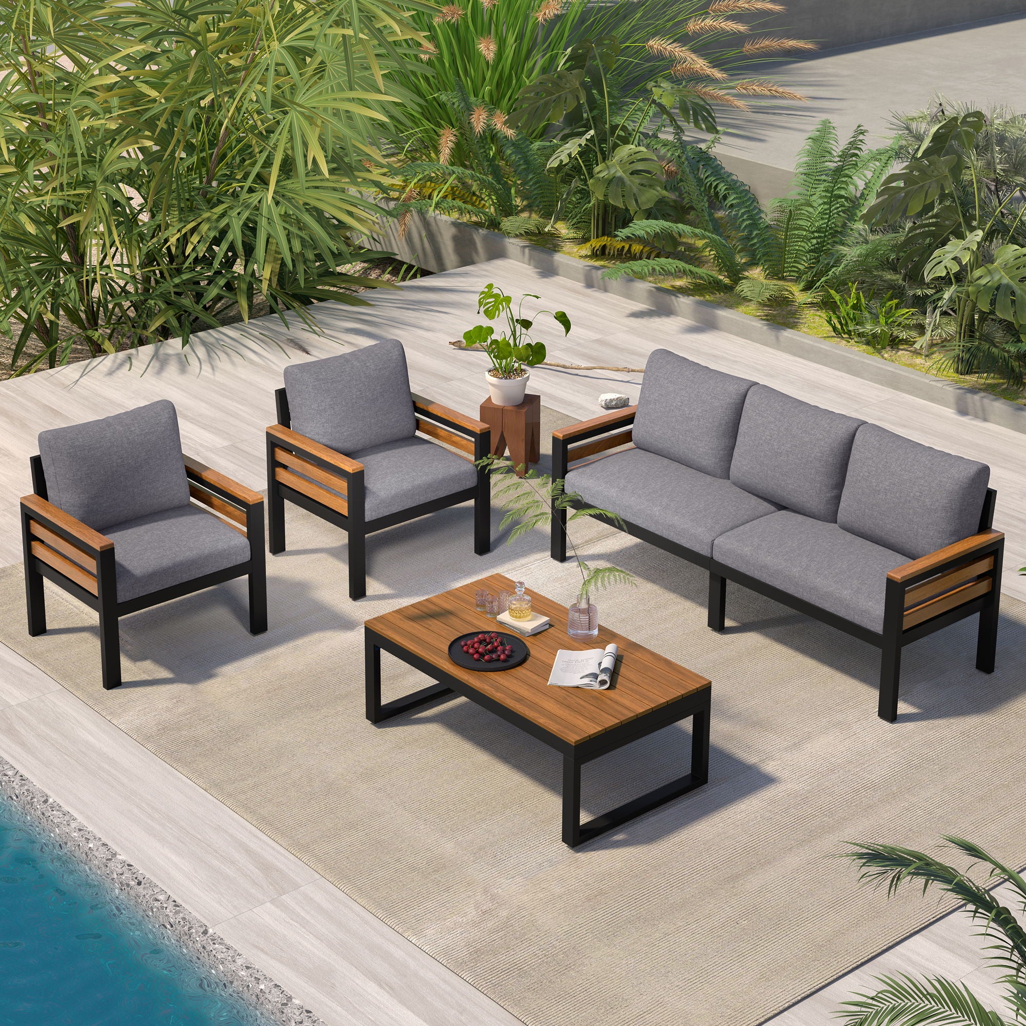 4 Piece Outdoor Furniture Sofa Set For 5 People With Acacia Wood Armrests, Patio Conversation Set With Removable Cushion And Solid Wood Coffee Table For Garden And Backyard - Gray