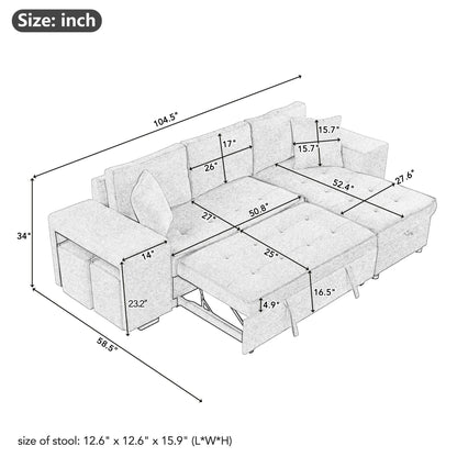 Modern L-Shape 3 Seat Reversible Sectional Couch, Pull Out Sleeper Sofa With Storage Chaise And 2 Stools For Living Room Furniture Set - Cream