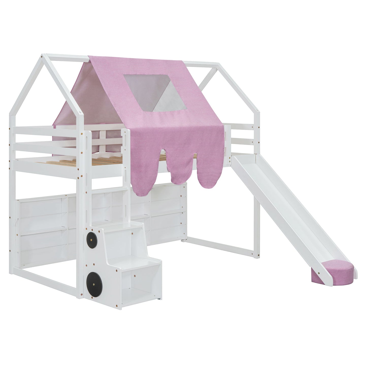 Twin Size Charming House Shaped Loft Bed With Tent And Slide - White / Pink