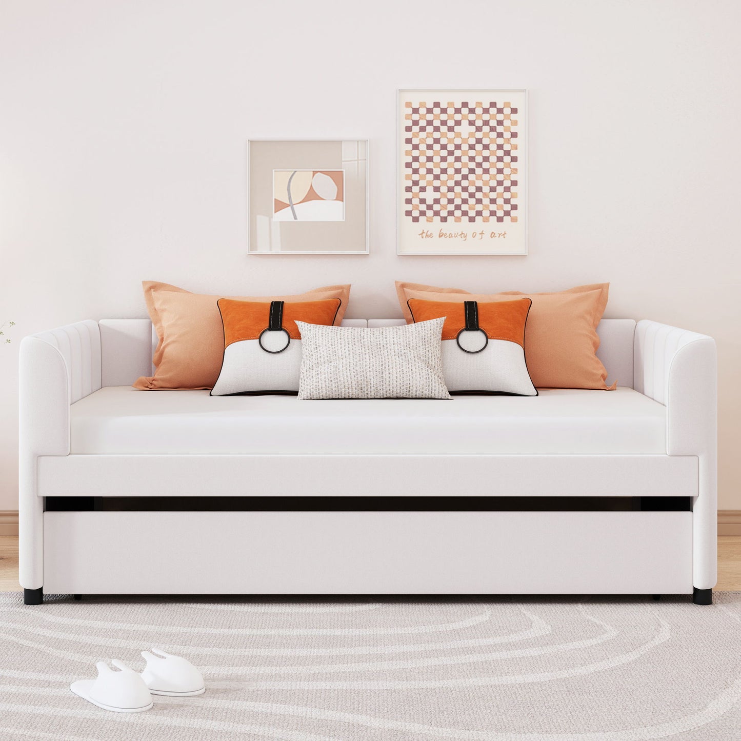 Twin Size Upholstered Daybed With Ergonomic Design Backrest And Trundle - Beige