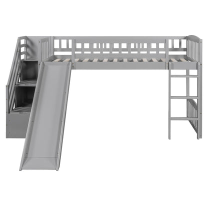 Twin Size Loft Stairway Bed With 2 Drawers And Slide - Gray