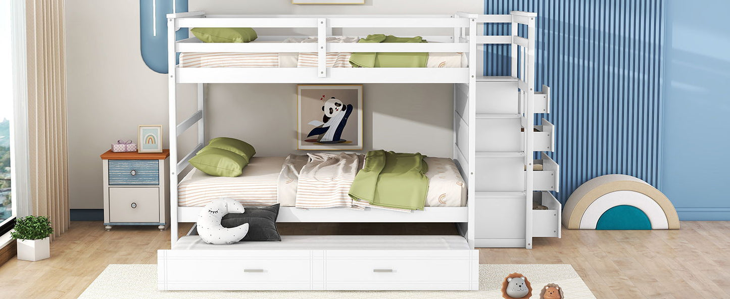 Full Over Full Bunk Bed With Twin Size Trundle And Staircase - White