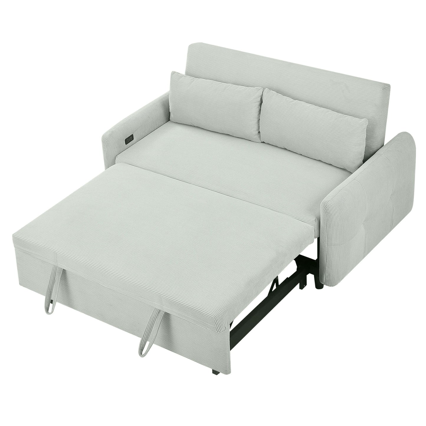 Pull Out Sofa Bed Convertible Couch 2 Seat Loveseat Sofa Modern Sleeper Sofa With 2 Throw Pillows And USB Ports For Living Room - Light Gray Green
