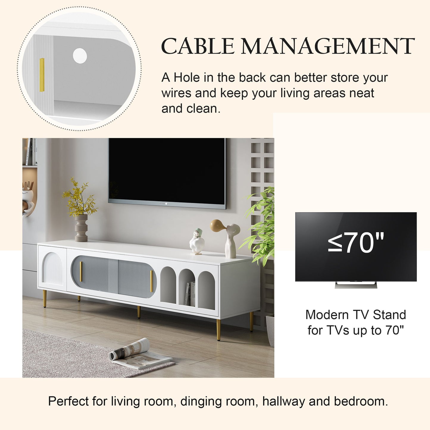 Modern TV Stand For Up To 70" TV, Entertainment Center TV Media Console Table, With 3 Shelves And 2 Cabinets, TV Console Cabinet Furniture For Living Room - White