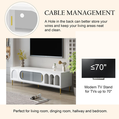 Modern TV Stand For Up To 70" TV, Entertainment Center TV Media Console Table, With 3 Shelves And 2 Cabinets, TV Console Cabinet Furniture For Living Room - White