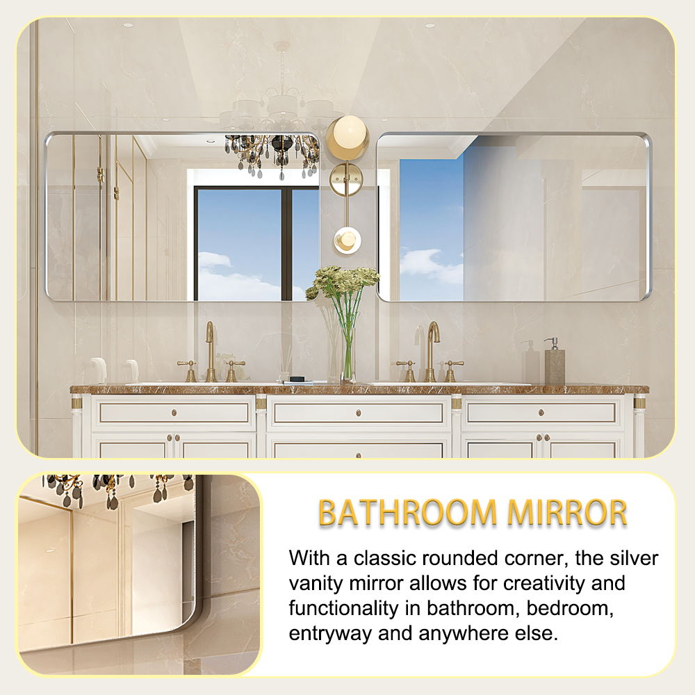 40X30" Brushed Silver Rounded Corner Rectangle Bathroom Mirror For Wall Metal Frame Wall Mounted Bathroom Mirror Vanity Bathroom Mirror (Horizontal & Vertical) - Silver