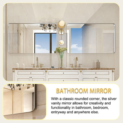 40X30" Brushed Silver Rounded Corner Rectangle Bathroom Mirror For Wall Metal Frame Wall Mounted Bathroom Mirror Vanity Bathroom Mirror (Horizontal & Vertical) - Silver