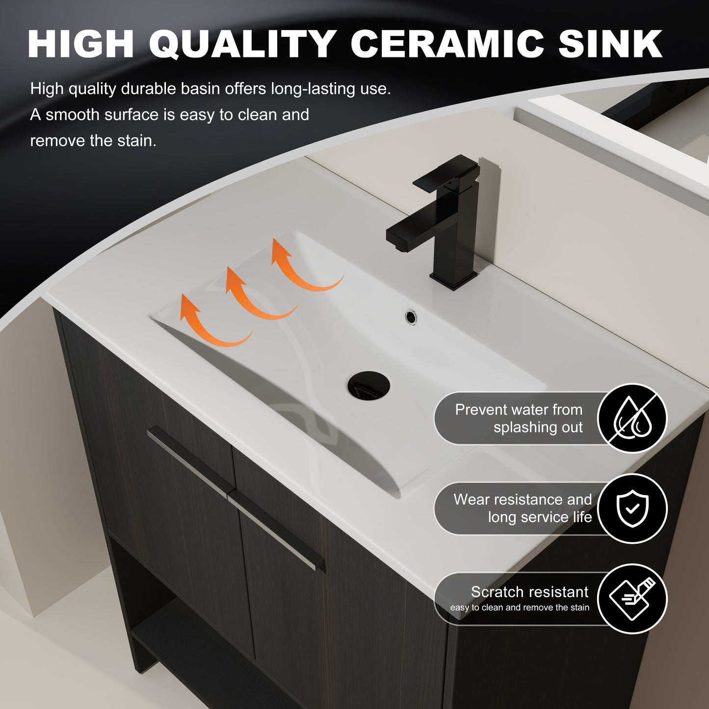 Modern Freestanding 30" Bathroom Vanity With Ceramic Sink, Soft Closing Doors Cabinet - Dark Oak