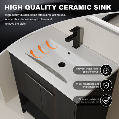 Modern Freestanding 30" Bathroom Vanity With Ceramic Sink, Soft Closing Doors Cabinet - Dark Oak