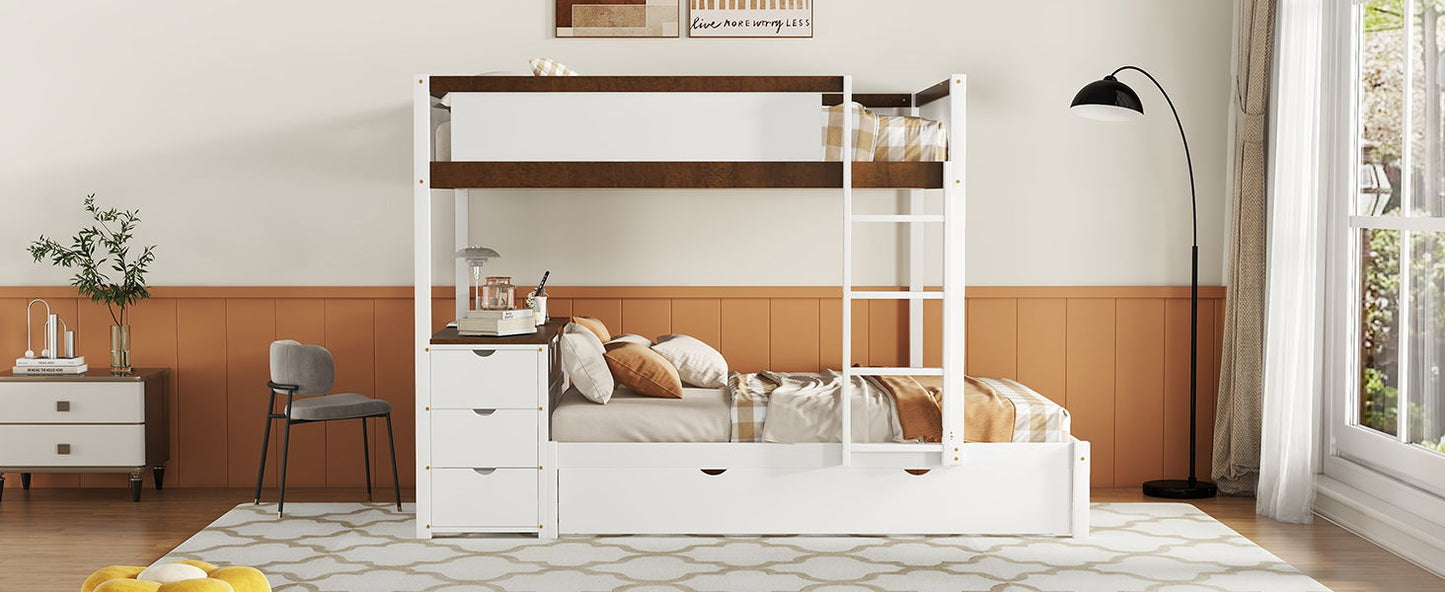 Full Over Full Bunk Bed With Twin Size Trundle, Storage And Desk - White / Walnut