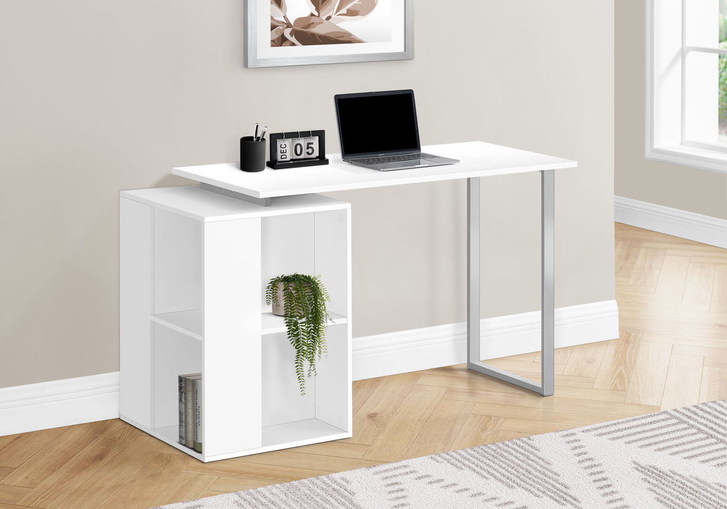 Computer Desk, Home Office, Left, Right Set-Up, Storage Shelves, Work, Laptop, Contemporary, Modern - White