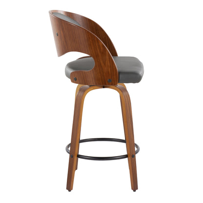 Pino - Mid-Century Modern Fixed Height Barstool With Swivel With Round Footrest (Set of 2) - Walnut / Gray