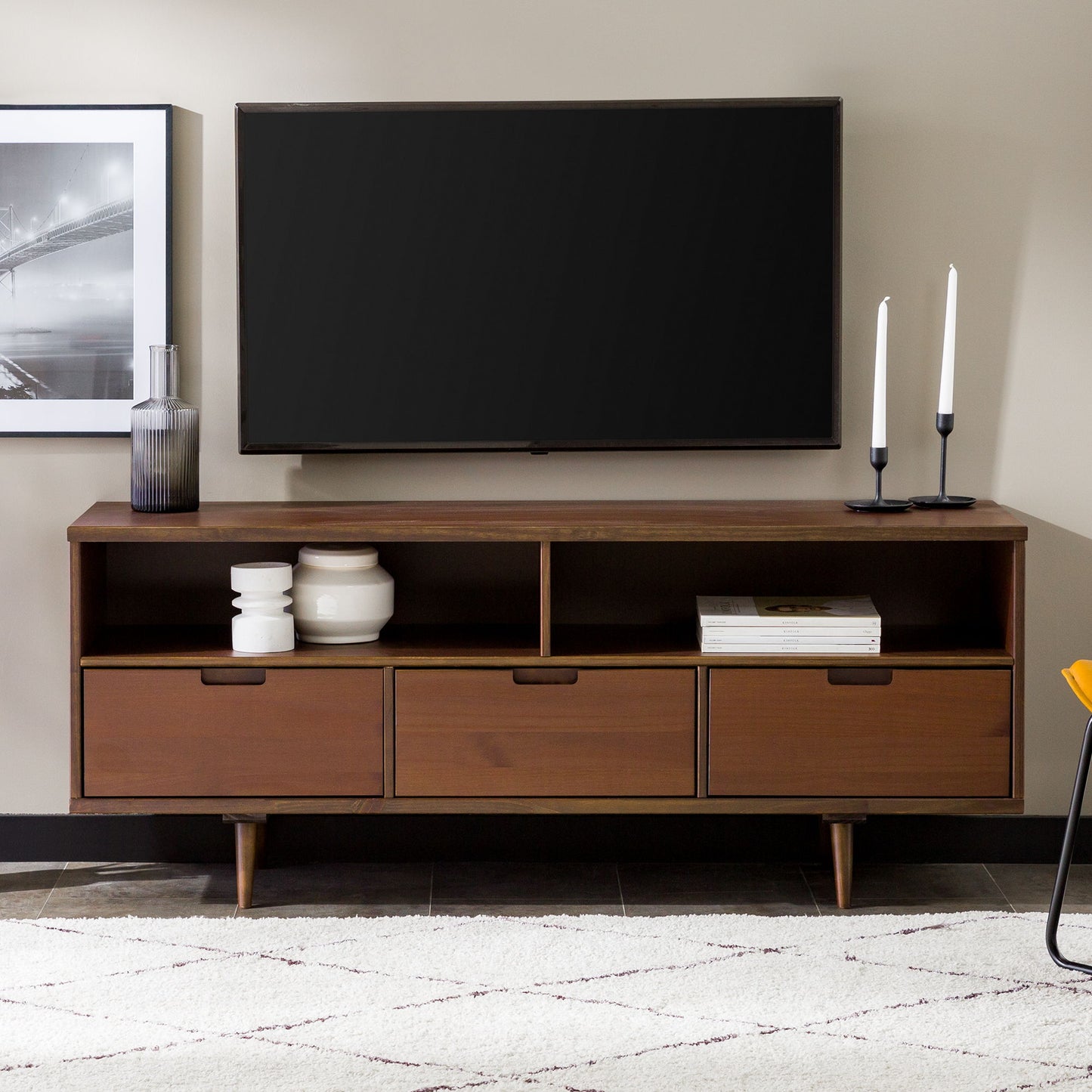 Mid Century Modern 3 Drawer 58" TV Stand For 65" TVs With 2 Open Cubbies - Walnut