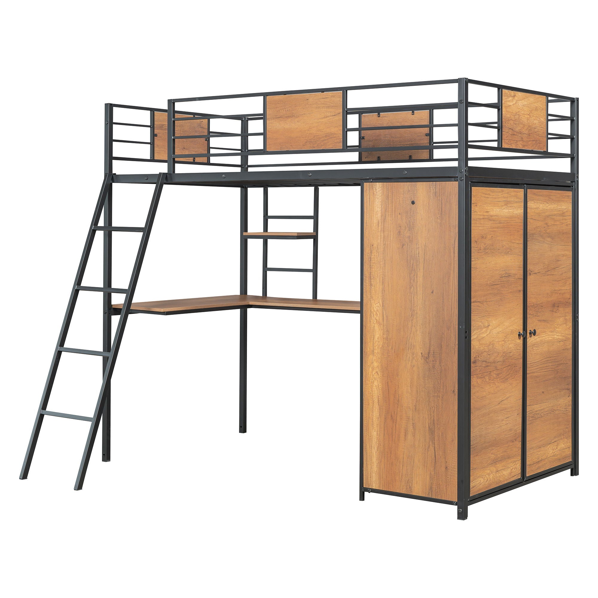 Twin Size Loft Bed With L Shape Desk And Wardrobe - Black