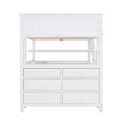 Full Size Loft Bed With Drawers And Desk With Shelves - White