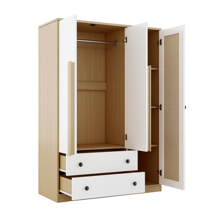 3 Doors Rattan Wardrobe Storage For Bedroom, With 2 Drawers - White / Nature
